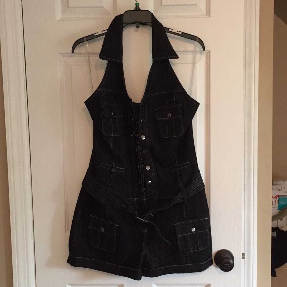 Dark Denim Halter Shorts Romper